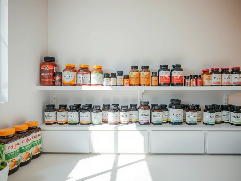 Curated selection of natural supplements for men on organized shelves