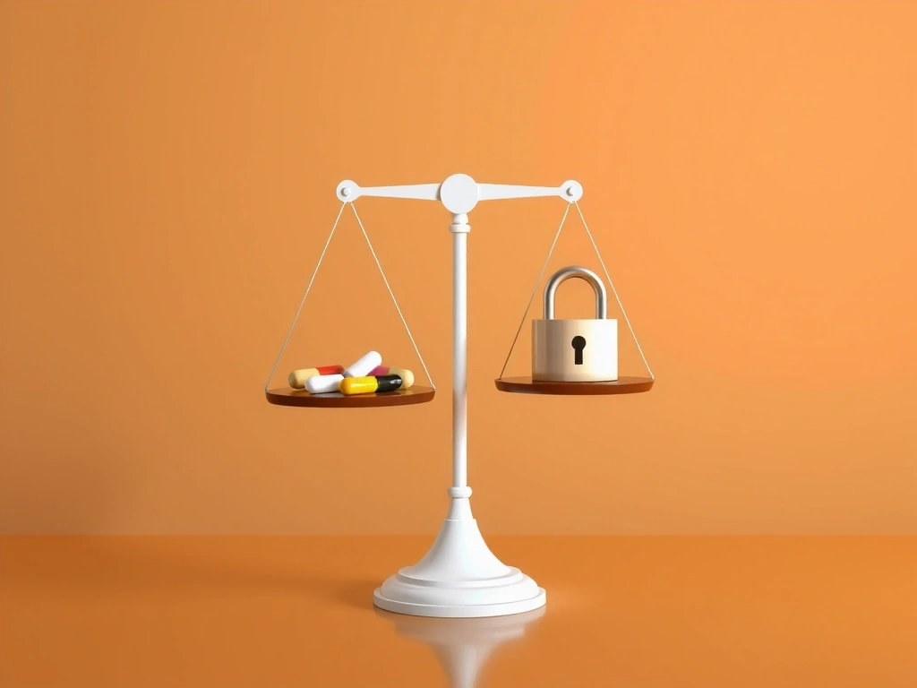 Abstract balance scale with supplement icons and a lock